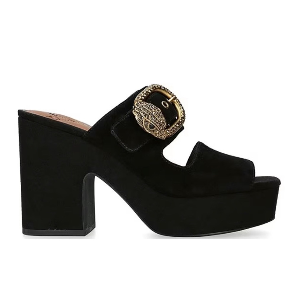 Kurt Geiger Mayfair black suede crystal buckle platform heels NWT